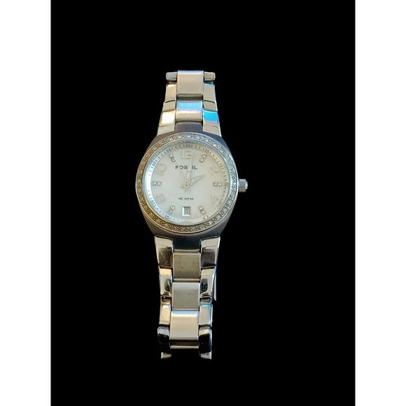 Fossil Silver Tone Stainless Steel Mother Of Pearl Face White Crystal Watch Work main image 4